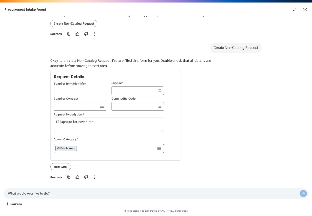 Non-catalog request form in the agent thread