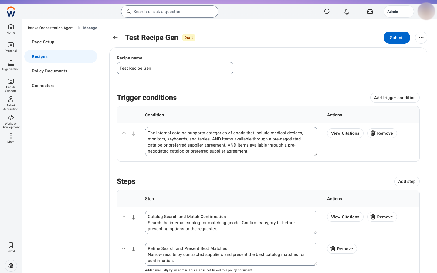Recipe draft with trigger conditions and citations attached to each step